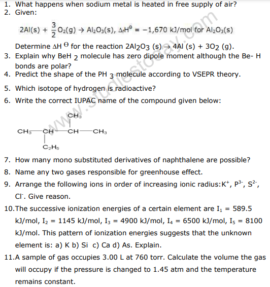 CBSE Class 11 Chemistry Sample Paper Set 22